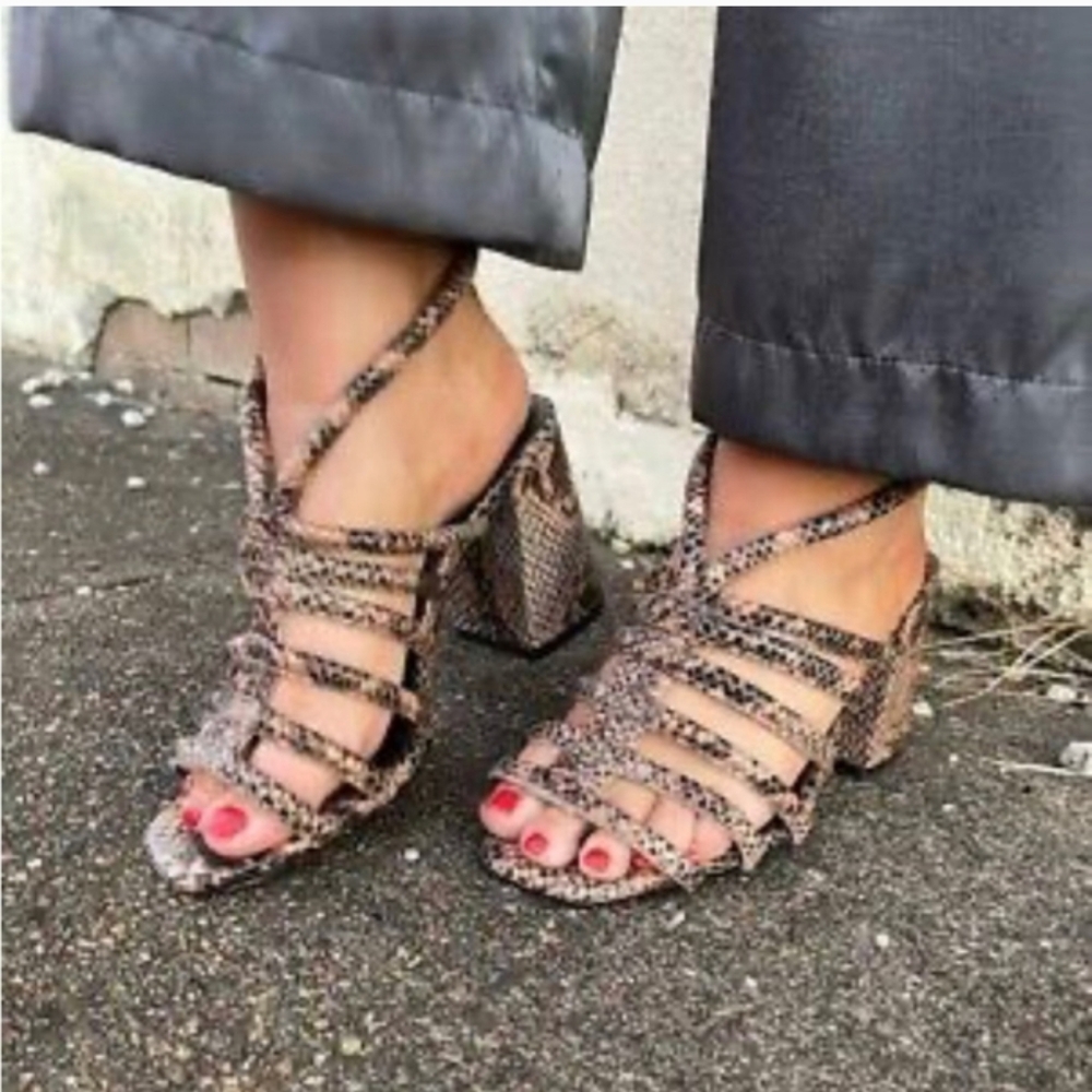Free People Colette Python Print Leather Cinched Heel Sandals Square Toe 9.5